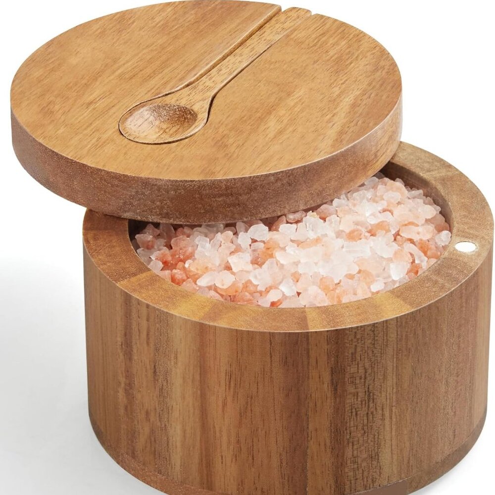 Wood Acacia Salt Cellar with 360° Swivel Lid‎ for Salt Herbs or Spices